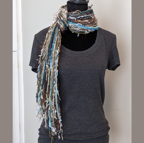 Handmade Fringe Scarf - Teal Aqua Blue Green Gray White Brown Gold Flowy Chic - Picture 3 of 13